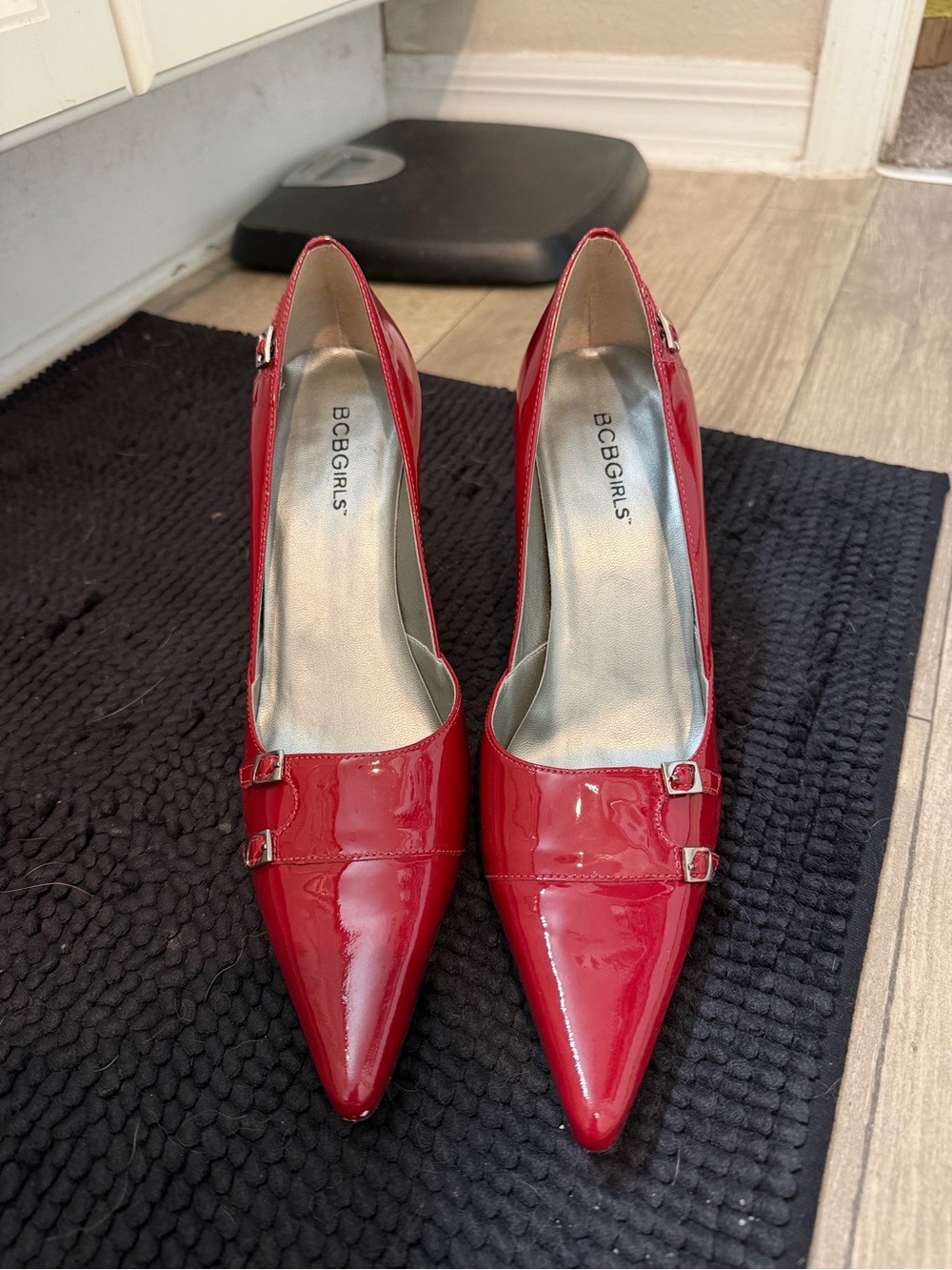 BCBGirls Red Patent Pointed Toe Double-Strap Pumps